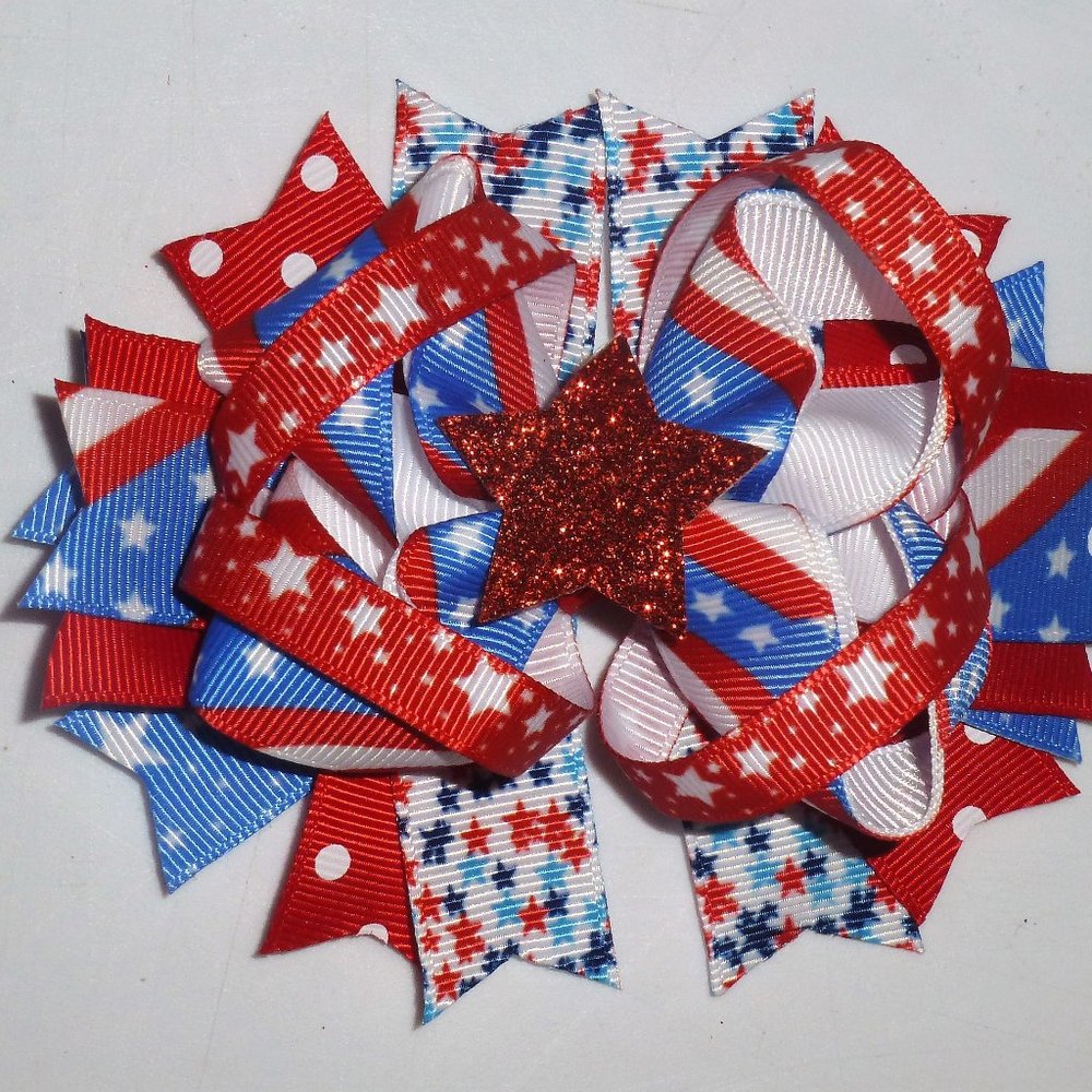 4th of July Patriotic Star Girls 5-Inch Hair Bow Clip